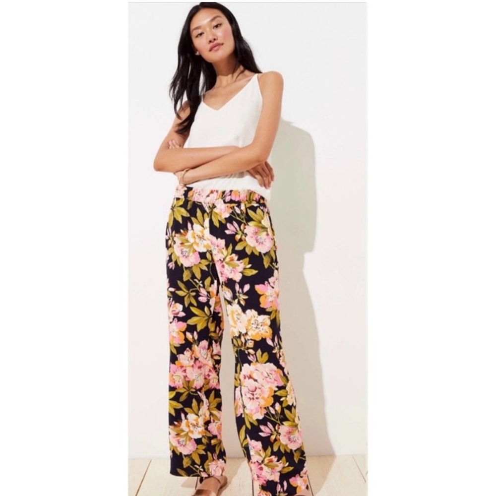 LOFT Black and Pink Floral Wide-Leg Pants